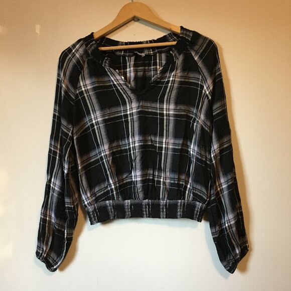 Black & White Plaid Rayon Ruch Waist Crop Top - Picture 1 of 15